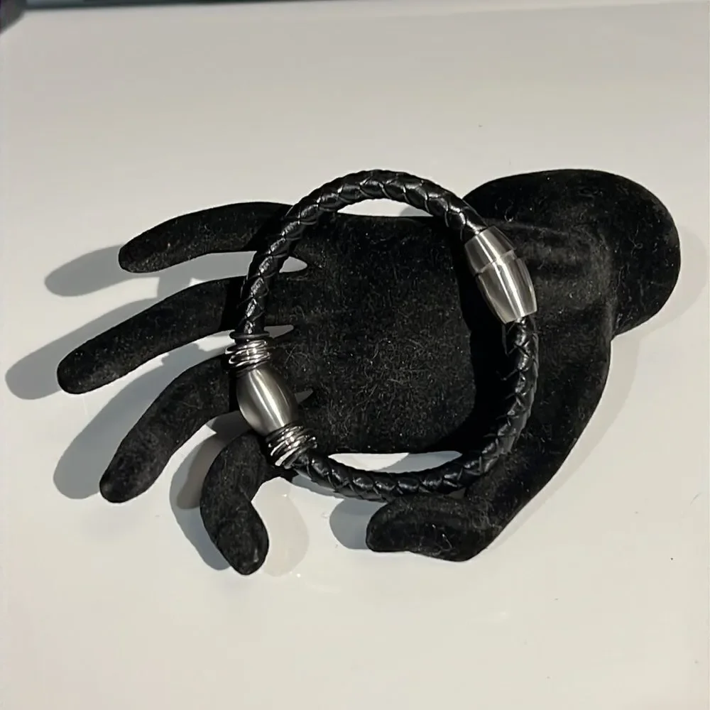 Leather Braided Bracelet with Silver Tone Hardware & Magnetic Closure